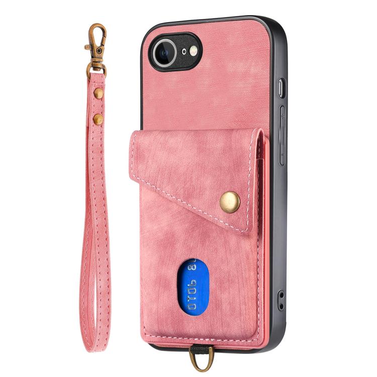 For iPhone 16e Retro Card Wallet Fold Leather Phone Case with Strap(Pink) - iPhone 16e Cases by buy2fix | Online Shopping UK | buy2fix