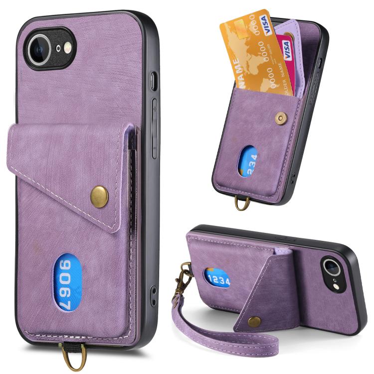 For iPhone 16e Retro Card Wallet Fold Leather Phone Case with Strap(Purple) - iPhone 16e Cases by buy2fix | Online Shopping UK | buy2fix