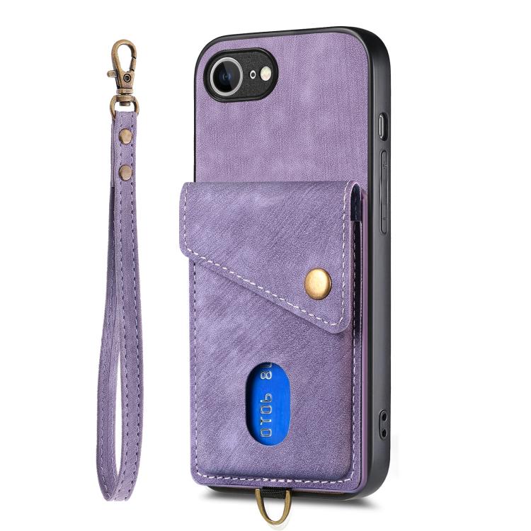For iPhone 16e Retro Card Wallet Fold Leather Phone Case with Strap(Purple) - iPhone 16e Cases by buy2fix | Online Shopping UK | buy2fix