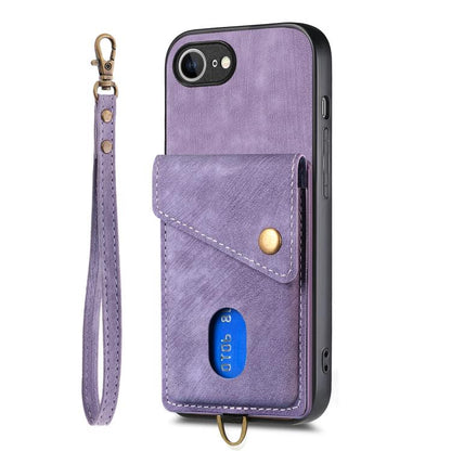 For iPhone 16e Retro Card Wallet Fold Leather Phone Case with Strap(Purple) - iPhone 16e Cases by buy2fix | Online Shopping UK | buy2fix