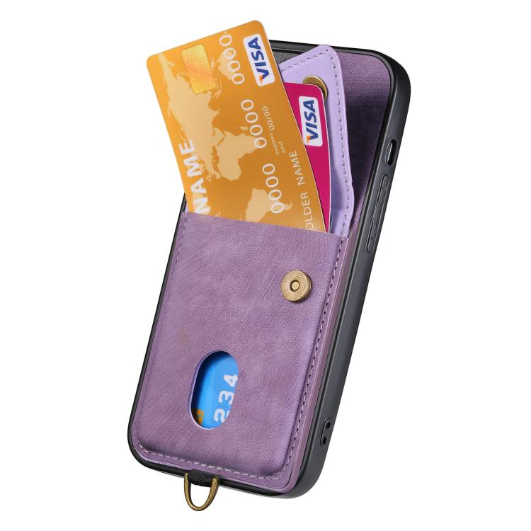 For iPhone 16e Retro Card Wallet Fold Leather Phone Case with Strap(Purple) - iPhone 16e Cases by buy2fix | Online Shopping UK | buy2fix