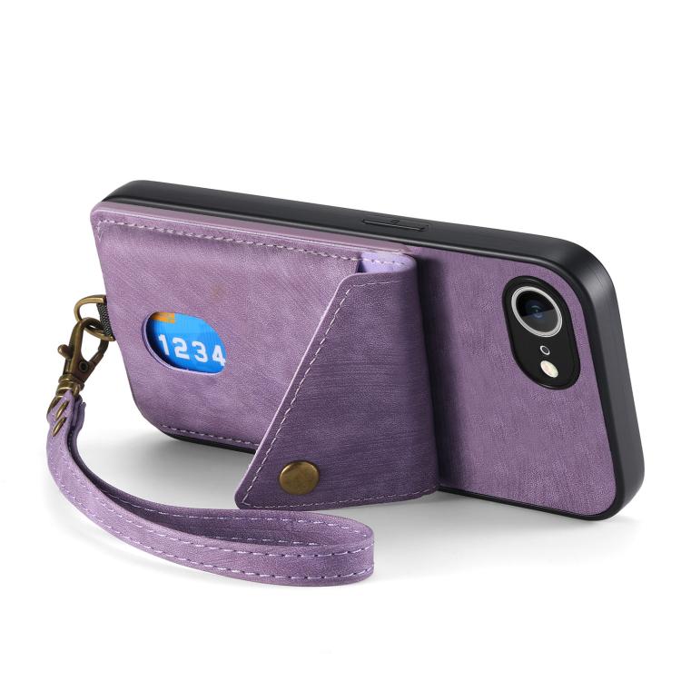 For iPhone 16e Retro Card Wallet Fold Leather Phone Case with Strap(Purple) - iPhone 16e Cases by buy2fix | Online Shopping UK | buy2fix