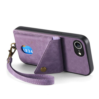 For iPhone 16e Retro Card Wallet Fold Leather Phone Case with Strap(Purple) - iPhone 16e Cases by buy2fix | Online Shopping UK | buy2fix
