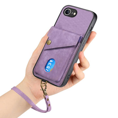 For iPhone 16e Retro Card Wallet Fold Leather Phone Case with Strap(Purple) - iPhone 16e Cases by buy2fix | Online Shopping UK | buy2fix