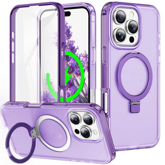 For iPhone 16 Pro Max Frosted Skin Feel MagSafe Holder 360 Full Body Phone Case(Purple)