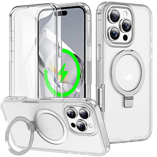 For iPhone 16 Pro Max Frosted Skin Feel MagSafe Holder 360 Full Body Phone Case(Transparent) by buy2fix