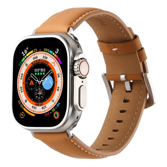 Plain Genuine Leather Watch Band For Apple Watch 46mm / 49mm / 45mm / 44mm(Yellow Brown)