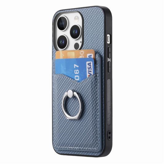 For iPhone 16 Pro Carbon Fiber Card Wallet Ring Phone Case(Blue) by buy2fix