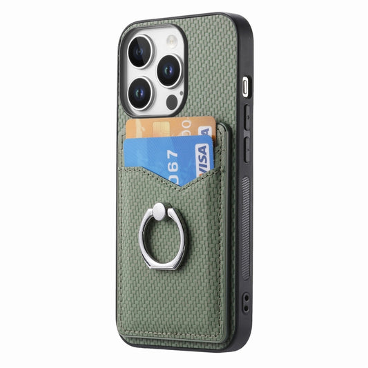 For iPhone 16 Pro Carbon Fiber Card Wallet Ring Phone Case(Green) by buy2fix