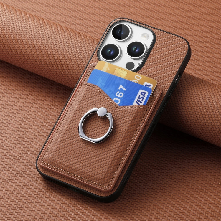 For iPhone 16 Pro Carbon Fiber Card Wallet Ring Phone Case(Brown) - iPhone 16 Pro Cases by buy2fix | Online Shopping UK | buy2fix