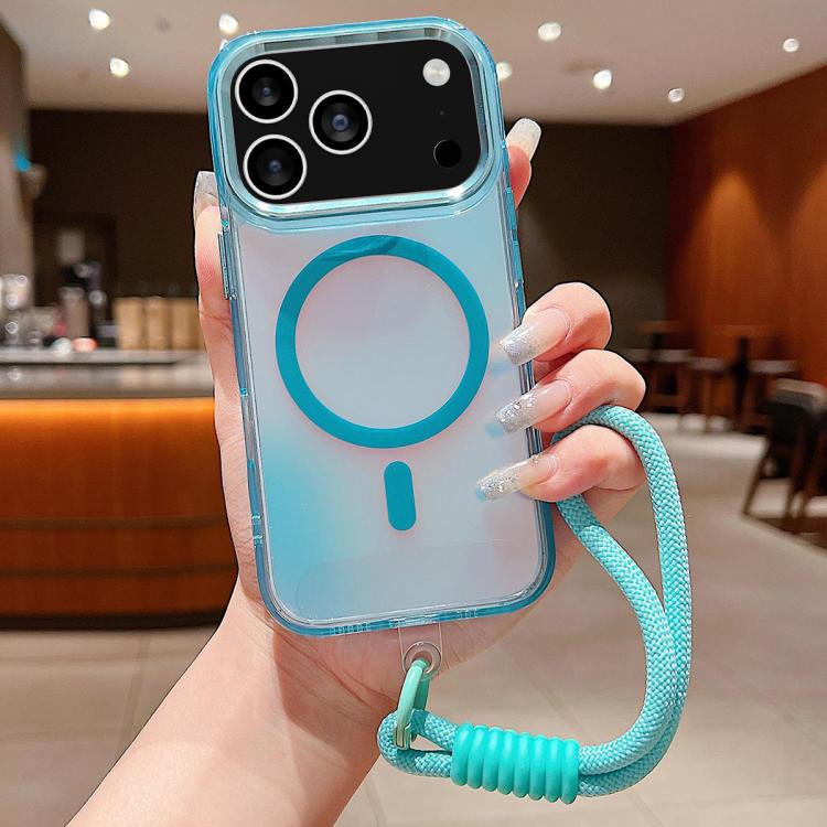 For iPhone 17 Pro Bright Shadow  Magsafe Discoloration Phone Case with Wrist Strap(Blue) - iPhone 17 Pro Cases by buy2fix | Online Shopping UK | buy2fix
