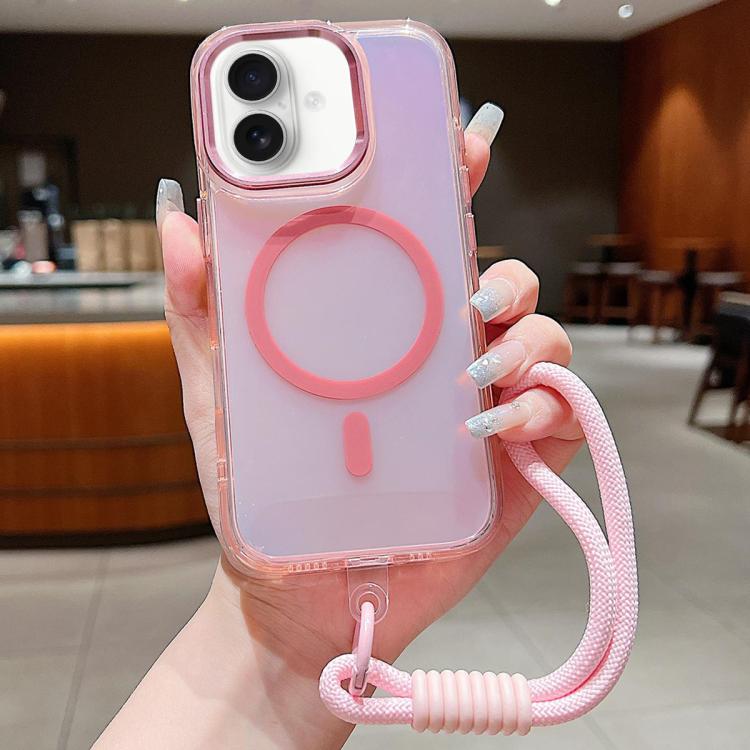For iPhone 17 Bright Shadow  Magsafe Discoloration Phone Case with Wrist Strap(Pink) - iPhone 17 Cases by buy2fix | Online Shopping UK | buy2fix
