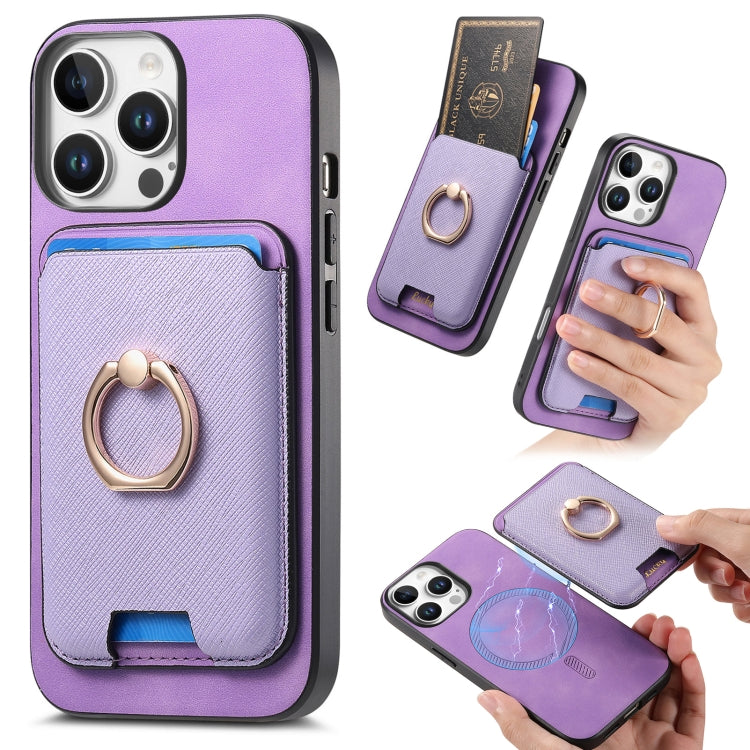 For iPhone 16 Pro Retro Cross Leather Card Bag MagSafe Phone Case(Purple) by buy2fix