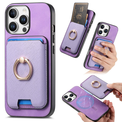 For iPhone 16 Pro Retro Cross Leather Card Bag MagSafe Phone Case(Purple) by buy2fix
