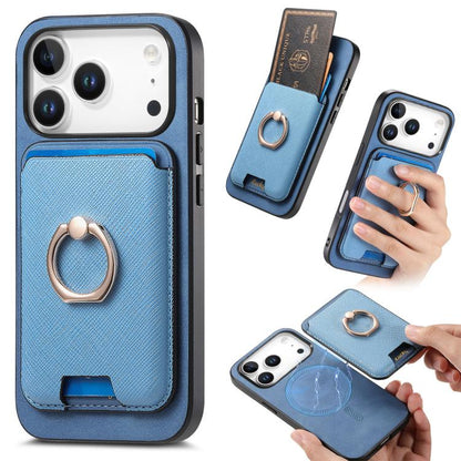 For iPhone 17 Pro Retro Cross Leather Card Bag MagSafe Phone Case(Blue) - iPhone 17 Pro Cases by buy2fix | Online Shopping UK | buy2fix