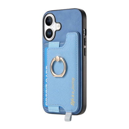 For iPhone 16 Retro Magsafe Cross Leather Ring Holder Card Bag Phone Case(Blue) - iPhone 16 Cases by buy2fix | Online Shopping UK | buy2fix