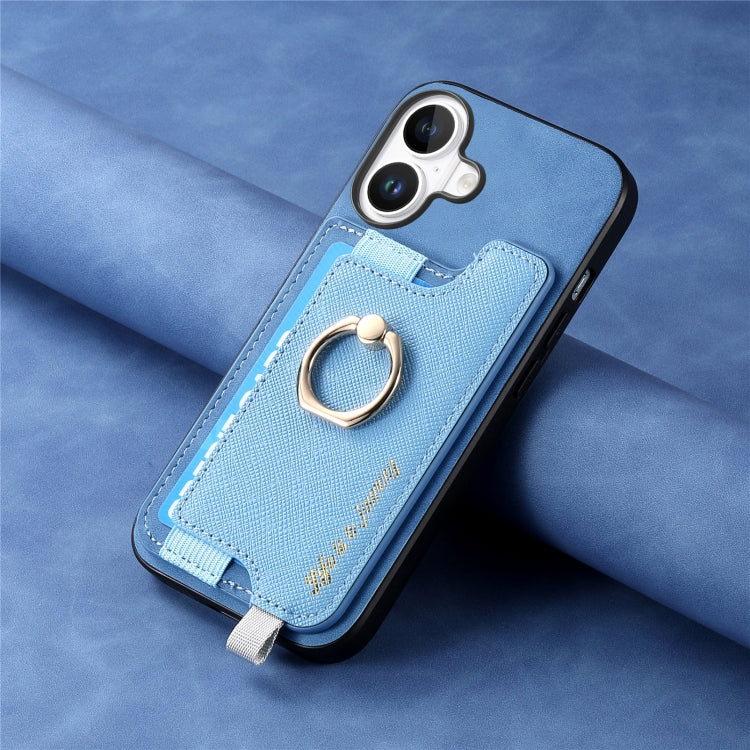 For iPhone 16 Retro Magsafe Cross Leather Ring Holder Card Bag Phone Case(Blue) - iPhone 16 Cases by buy2fix | Online Shopping UK | buy2fix