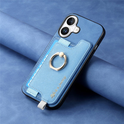 For iPhone 16 Retro Magsafe Cross Leather Ring Holder Card Bag Phone Case(Blue) - iPhone 16 Cases by buy2fix | Online Shopping UK | buy2fix