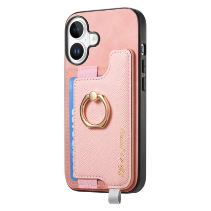 For iPhone 16 Retro Magsafe Cross Leather Ring Holder Card Bag Phone Case(Pink) - iPhone 16 Cases by buy2fix | Online Shopping UK | buy2fix