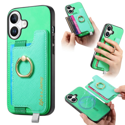 For iPhone 16 Retro Magsafe Cross Leather Ring Holder Card Bag Phone Case(Green) - iPhone 16 Cases by buy2fix | Online Shopping UK | buy2fix
