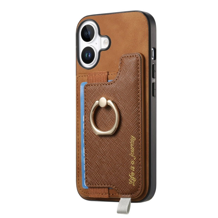 For iPhone 16 Retro Magsafe Cross Leather Ring Holder Card Bag Phone Case(Brown) - iPhone 16 Cases by buy2fix | Online Shopping UK | buy2fix