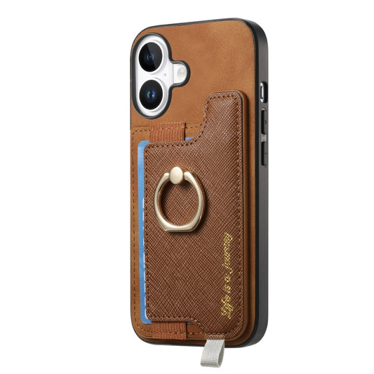 For iPhone 16 Retro Magsafe Cross Leather Ring Holder Card Bag Phone Case(Brown) - iPhone 16 Cases by buy2fix | Online Shopping UK | buy2fix