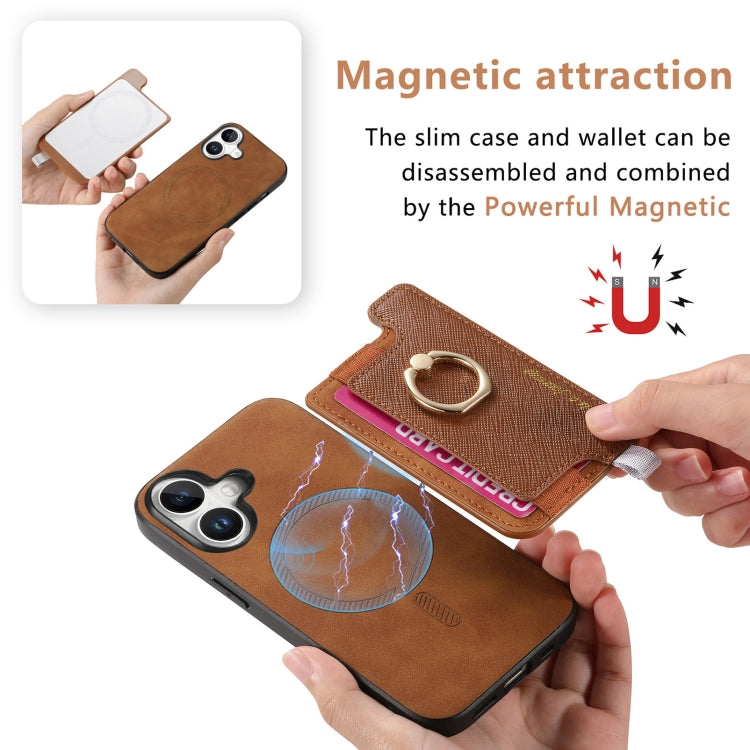 For iPhone 16 Retro Magsafe Cross Leather Ring Holder Card Bag Phone Case(Brown) - iPhone 16 Cases by buy2fix | Online Shopping UK | buy2fix
