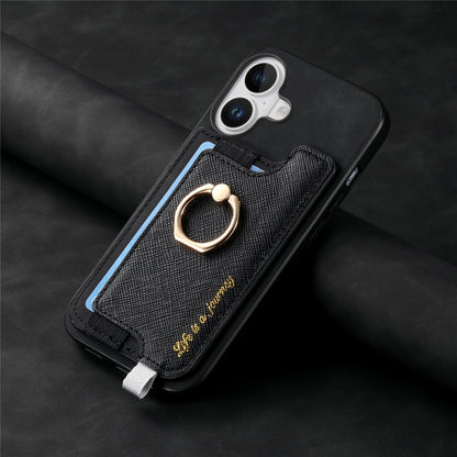 For iPhone 16 Retro Magsafe Cross Leather Ring Holder Card Bag Phone Case(Black) - iPhone 16 Cases by buy2fix | Online Shopping UK | buy2fix