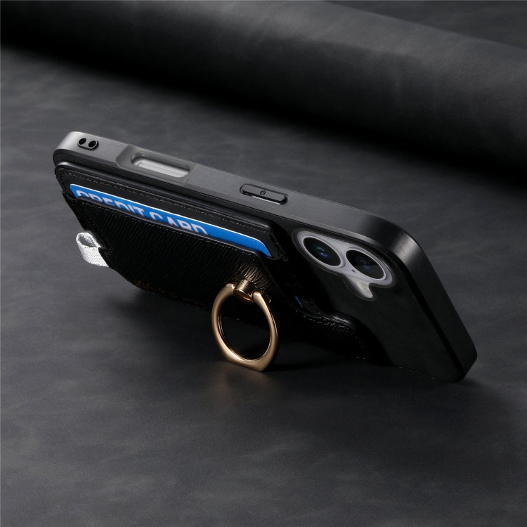 For iPhone 16 Retro Magsafe Cross Leather Ring Holder Card Bag Phone Case(Black) - iPhone 16 Cases by buy2fix | Online Shopping UK | buy2fix