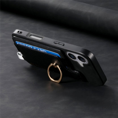 For iPhone 16 Retro Magsafe Cross Leather Ring Holder Card Bag Phone Case(Black) - iPhone 16 Cases by buy2fix | Online Shopping UK | buy2fix