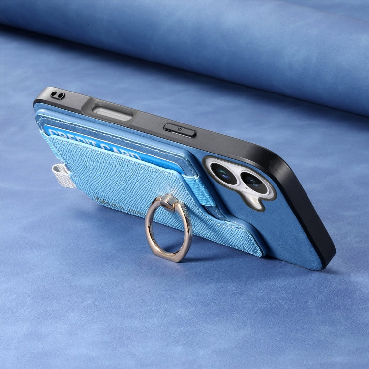 For iPhone 16 Plus Retro Magsafe Cross Leather Ring Holder Card Bag Phone Case(Blue) - iPhone 16 Plus Cases by buy2fix | Online Shopping UK | buy2fix