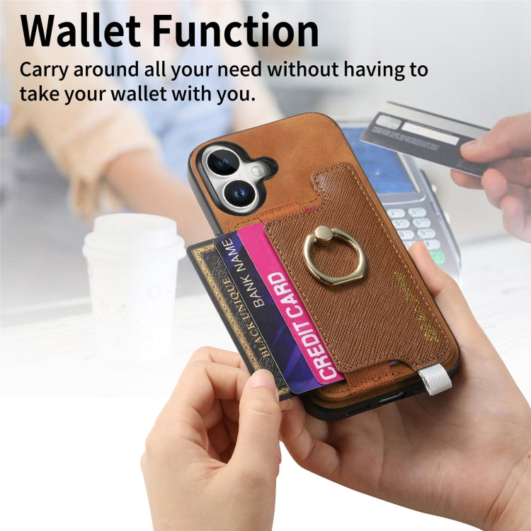 For iPhone 16 Plus Retro Magsafe Cross Leather Ring Holder Card Bag Phone Case(Brown) - iPhone 16 Plus Cases by buy2fix | Online Shopping UK | buy2fix