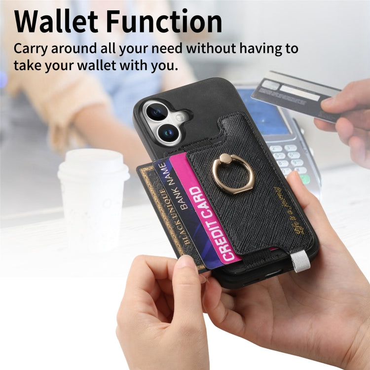 For iPhone 16 Plus Retro Magsafe Cross Leather Ring Holder Card Bag Phone Case(Black) - iPhone 16 Plus Cases by buy2fix | Online Shopping UK | buy2fix