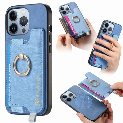 For iPhone 16 Pro Retro Magsafe Cross Leather Ring Holder Card Bag Phone Case(Blue) - iPhone 16 Pro Cases by buy2fix | Online Shopping UK | buy2fix