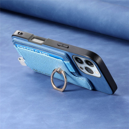 For iPhone 16 Pro Retro Magsafe Cross Leather Ring Holder Card Bag Phone Case(Blue) - iPhone 16 Pro Cases by buy2fix | Online Shopping UK | buy2fix