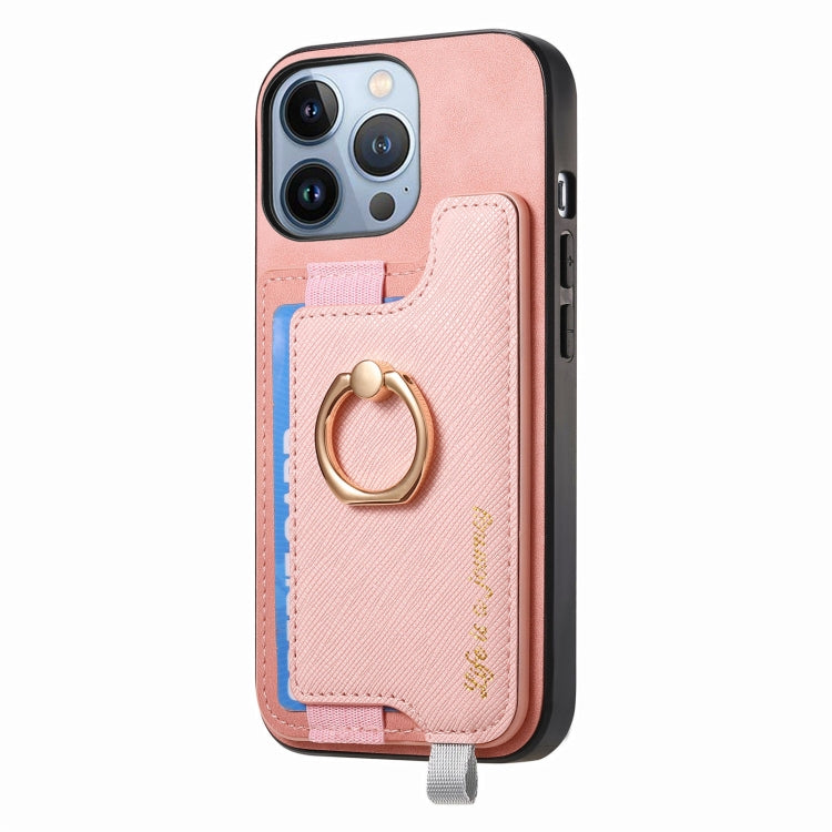 For iPhone 16 Pro Retro Magsafe Cross Leather Ring Holder Card Bag Phone Case(Pink) - iPhone 16 Pro Cases by buy2fix | Online Shopping UK | buy2fix