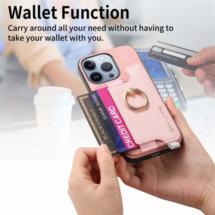 For iPhone 16 Pro Retro Magsafe Cross Leather Ring Holder Card Bag Phone Case(Pink) - iPhone 16 Pro Cases by buy2fix | Online Shopping UK | buy2fix
