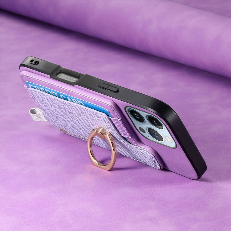 For iPhone 16 Pro Retro Magsafe Cross Leather Ring Holder Card Bag Phone Case(Purple) - iPhone 16 Pro Cases by buy2fix | Online Shopping UK | buy2fix