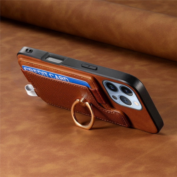 For iPhone 16 Pro Retro Magsafe Cross Leather Ring Holder Card Bag Phone Case(Brown) - iPhone 16 Pro Cases by buy2fix | Online Shopping UK | buy2fix