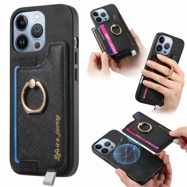 For iPhone 16 Pro Retro Magsafe Cross Leather Ring Holder Card Bag Phone Case(Black) - iPhone 16 Pro Cases by buy2fix | Online Shopping UK | buy2fix