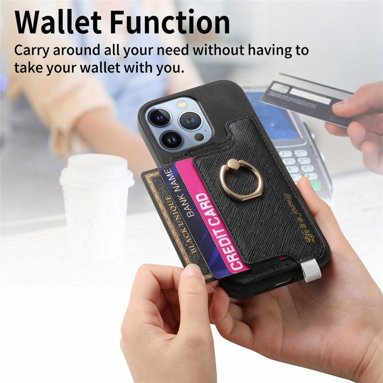 For iPhone 16 Pro Retro Magsafe Cross Leather Ring Holder Card Bag Phone Case(Black) - iPhone 16 Pro Cases by buy2fix | Online Shopping UK | buy2fix