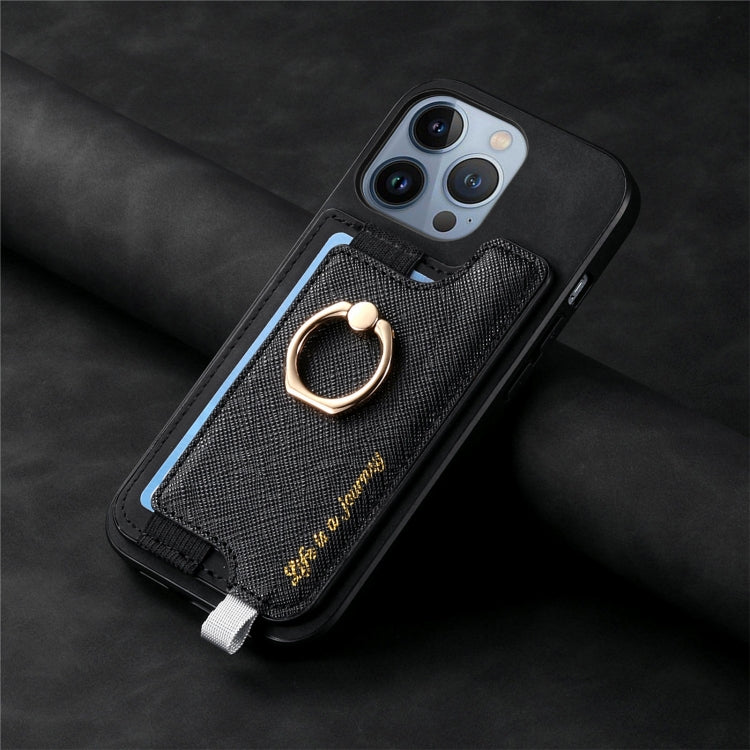 For iPhone 16 Pro Retro Magsafe Cross Leather Ring Holder Card Bag Phone Case(Black) - iPhone 16 Pro Cases by buy2fix | Online Shopping UK | buy2fix