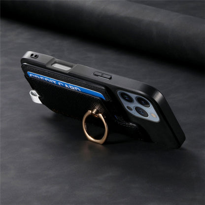 For iPhone 16 Pro Retro Magsafe Cross Leather Ring Holder Card Bag Phone Case(Black) - iPhone 16 Pro Cases by buy2fix | Online Shopping UK | buy2fix