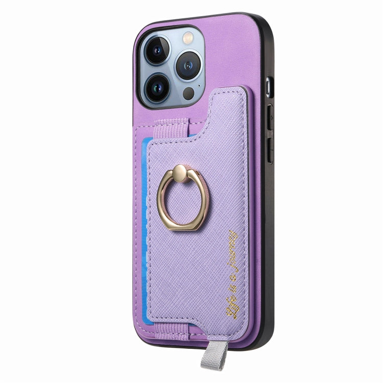 For iPhone 16 Pro Max Retro Magsafe Cross Leather Ring Holder Card Bag Phone Case(Purple) - iPhone 16 Pro Max Cases by buy2fix | Online Shopping UK | buy2fix
