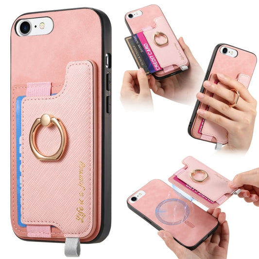 For iPhone 7 / 8 / SE 2022 Retro Magsafe Cross Leather Ring Holder Card Bag Phone Case(Pink) - iPhone SE 2022 / 2020 / 8 / 7 Cases by buy2fix | Online Shopping UK | buy2fix