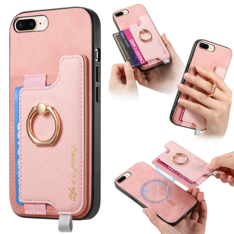 For iPhone 7 Plus / 8 Plus Retro Magsafe Cross Leather Ring Holder Card Bag Phone Case(Pink) - More iPhone Cases by buy2fix | Online Shopping UK | buy2fix