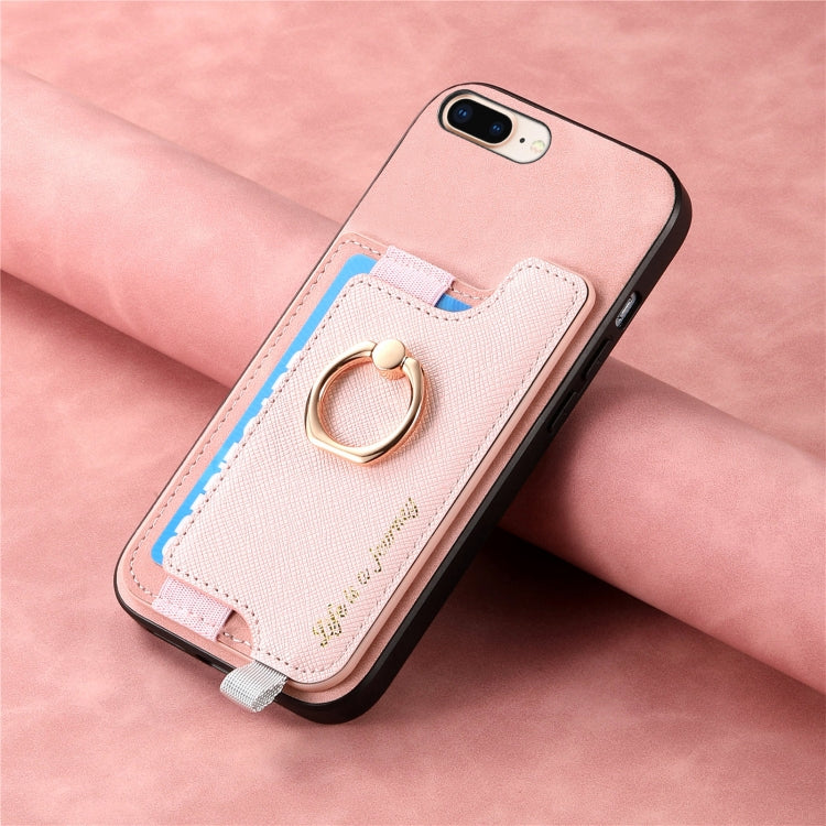 For iPhone XR Retro Magsafe Cross Leather Ring Holder Card Bag Phone Case(Pink) - More iPhone Cases by buy2fix | Online Shopping UK | buy2fix