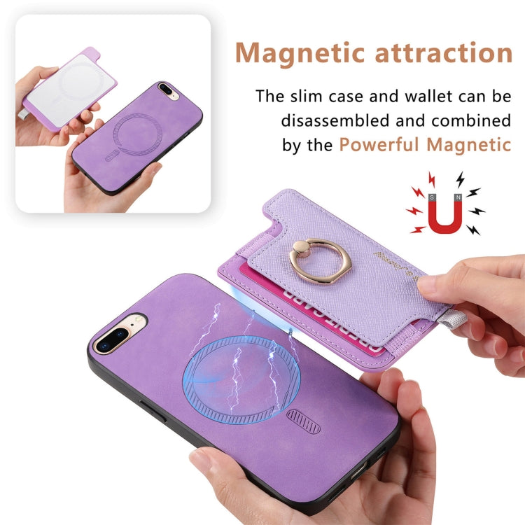 For iPhone XR Retro Magsafe Cross Leather Ring Holder Card Bag Phone Case(Purple) - More iPhone Cases by buy2fix | Online Shopping UK | buy2fix
