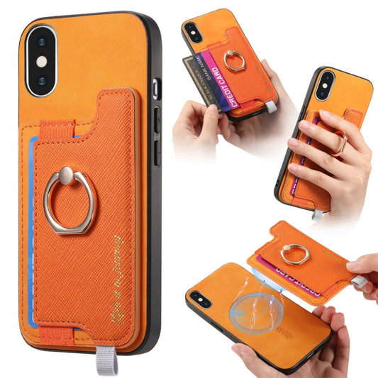 For iPhone XS Max Retro Magsafe Cross Leather Ring Holder Card Bag Phone Case(Yellow) - More iPhone Cases by buy2fix | Online Shopping UK | buy2fix