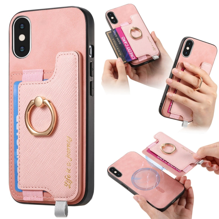 For iPhone XS Max Retro Magsafe Cross Leather Ring Holder Card Bag Phone Case(Pink) - More iPhone Cases by buy2fix | Online Shopping UK | buy2fix